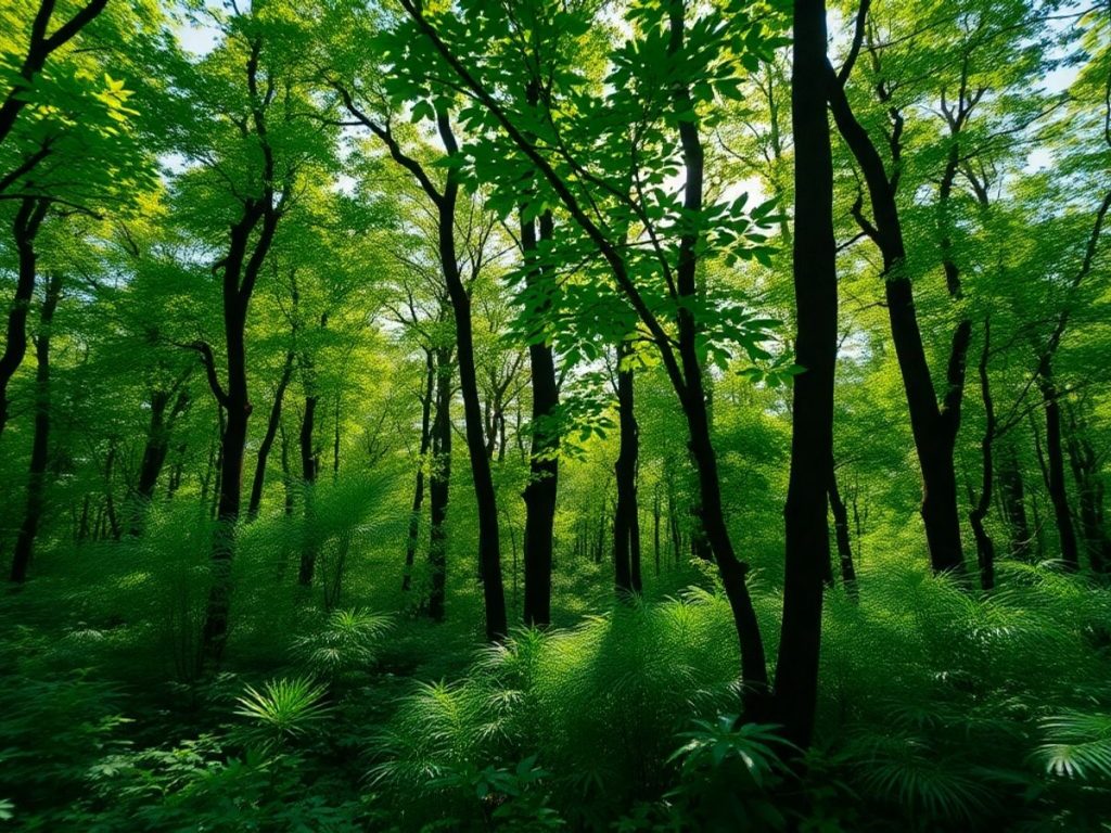 Pădure verde, soare filtrat printre copaci, sustenabilitate.
