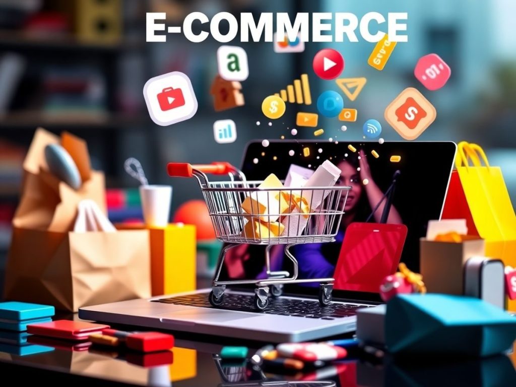 Scenă de comerț electronic cu produse diverse și laptop.