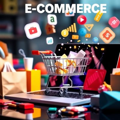 Scenă de comerț electronic cu produse diverse și laptop.