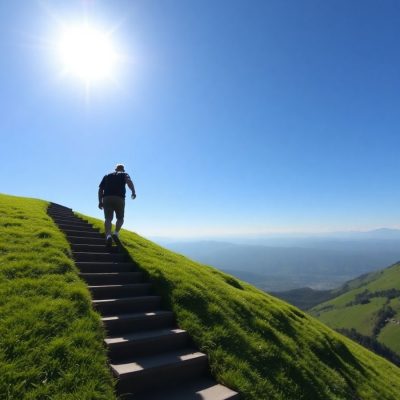 O persoană urcă trepte spre un vârf montan senin.