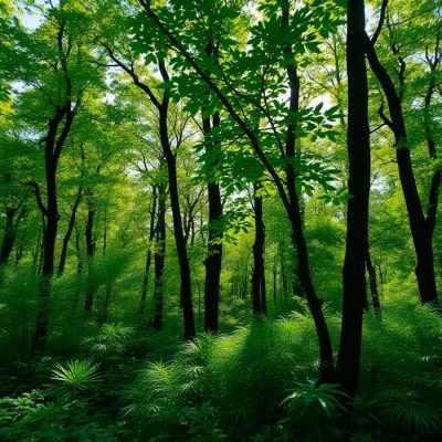 Pădure verde, soare filtrat printre copaci, sustenabilitate.