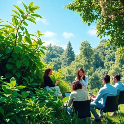 Oameni de afaceri discutând în natură pentru sustenabilitate.